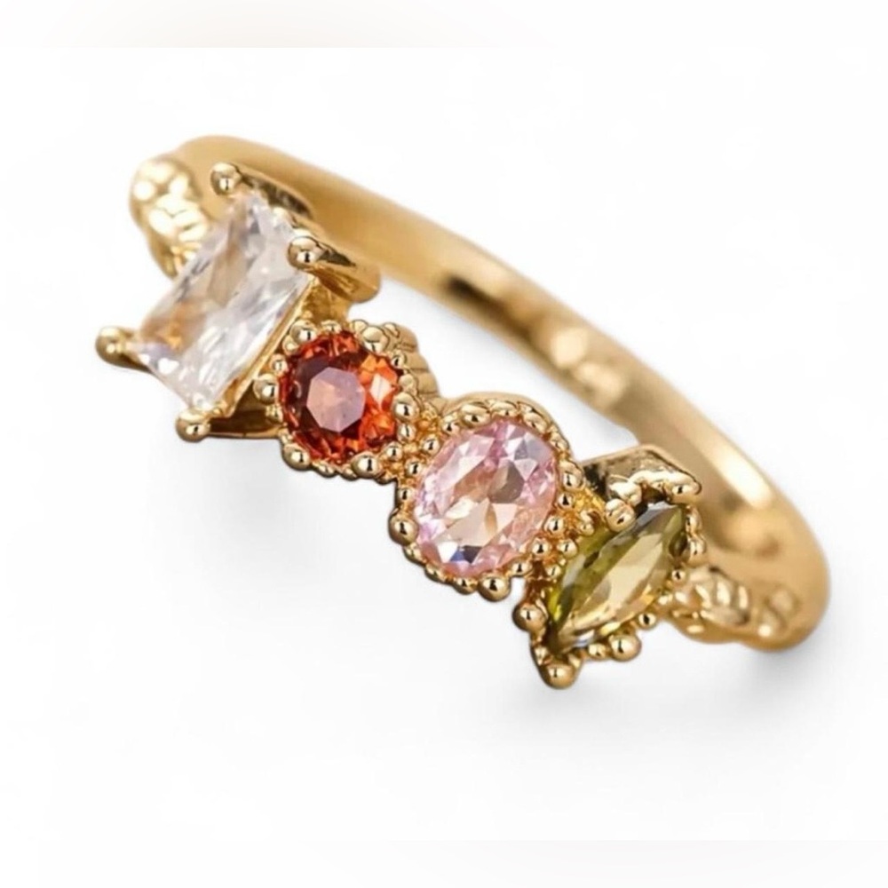 Gold Plated Retro Geometric Multi-Color Zirconia Gemstone Ring Size 8 Brand New